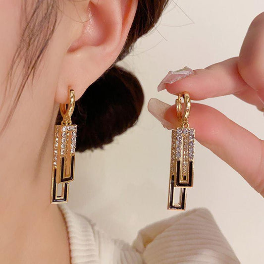 Geometric Enamel Drop Earrings – Micro-Pavé Gold Design | 韩式几何滴油锆石耳扣