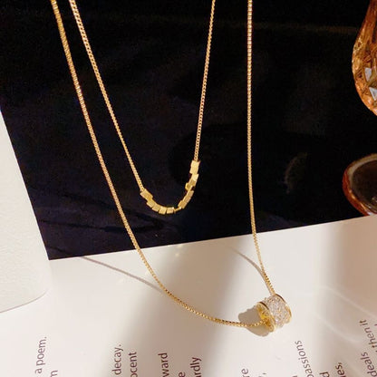 Double-Layer Gold Necklace｜双层叠戴方块弧链 × 镶钻圆柱吊坠项链