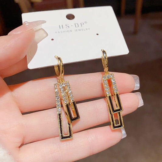 Geometric Enamel Drop Earrings – Micro-Pavé Gold Design | 韩式几何滴油锆石耳扣