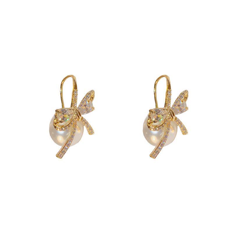 Bow Pearl Drop Earrings – Micro-Pavé Gold Design | 微镶锆石蝴蝶结珍珠两戴耳环