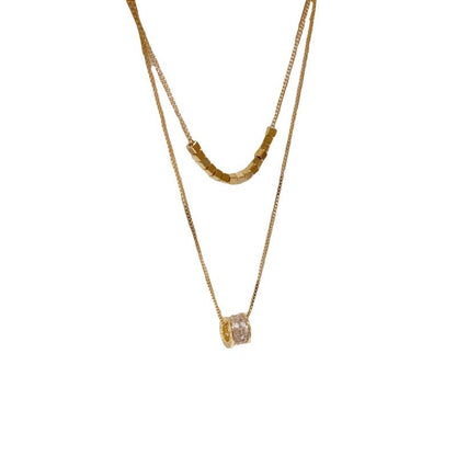 Double-Layer Gold Necklace｜双层叠戴方块弧链 × 镶钻圆柱吊坠项链